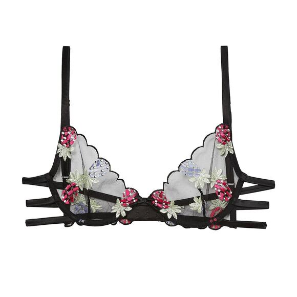 Fleur du Mal Other - Fleur du Mal Bondage Pineapple Embroidery Strappy Demi Bra 32B Black